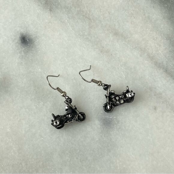 Vintage | 1960s Cast Metal Motorcycle Earrings Silver Tone Black Detailed Rider - Picture 2 of 5